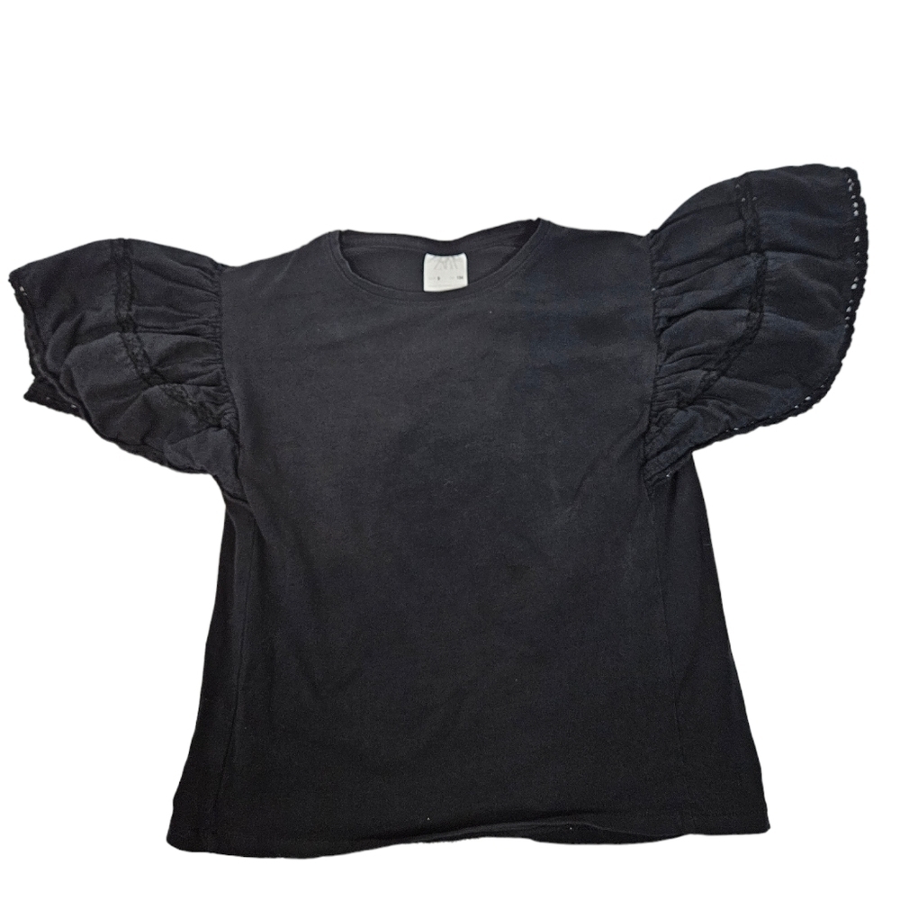 Zara Black Eyelet Ruffle Sleeve Poplin Top Tee-Shirt Size 9 Girl's‎ i82